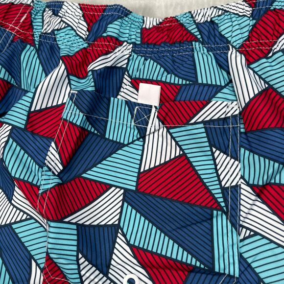 Shark Triangle Print Swim Trunks Men 2XL 44-46 Above The Knee 6" Inseam Blue Red - Picture 4 of 11
